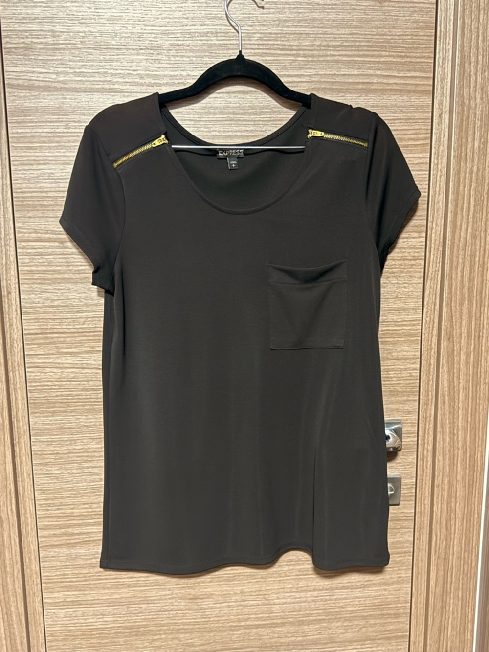 Express Black Short Sleeve Top with Gold Shoulder Zips